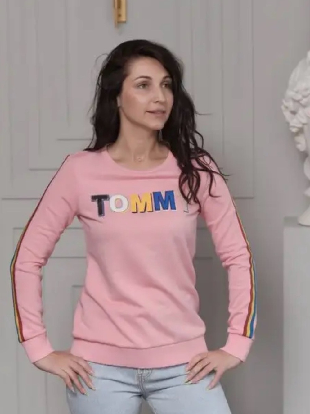 Tommy Hilfiger Pink Crewneck Sweatshirt with Multicolor Logo and Sleeve Stripes